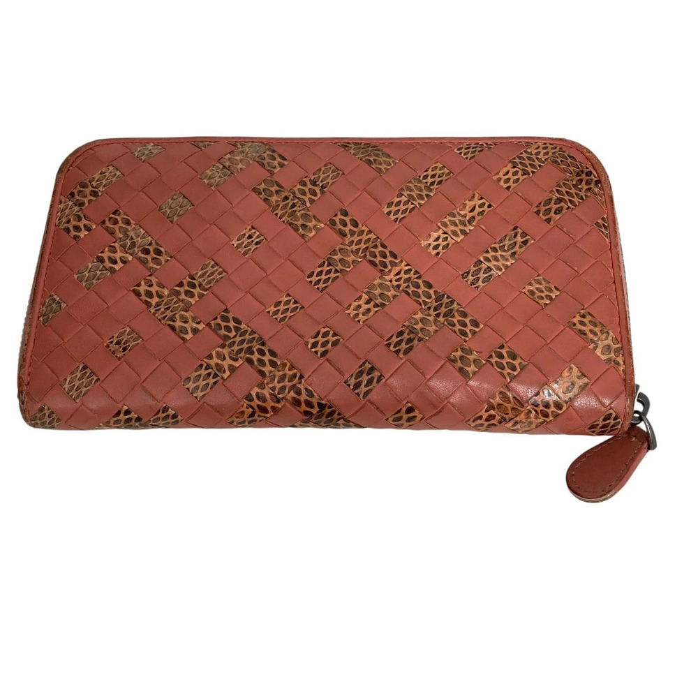 Bottega Veneta Intrecciato Leather Python Round Zip Long Wallet Veneta Pink